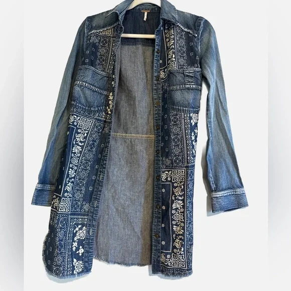 Free People Women’s Embroidered Denim Duster - Picture 2 of 16